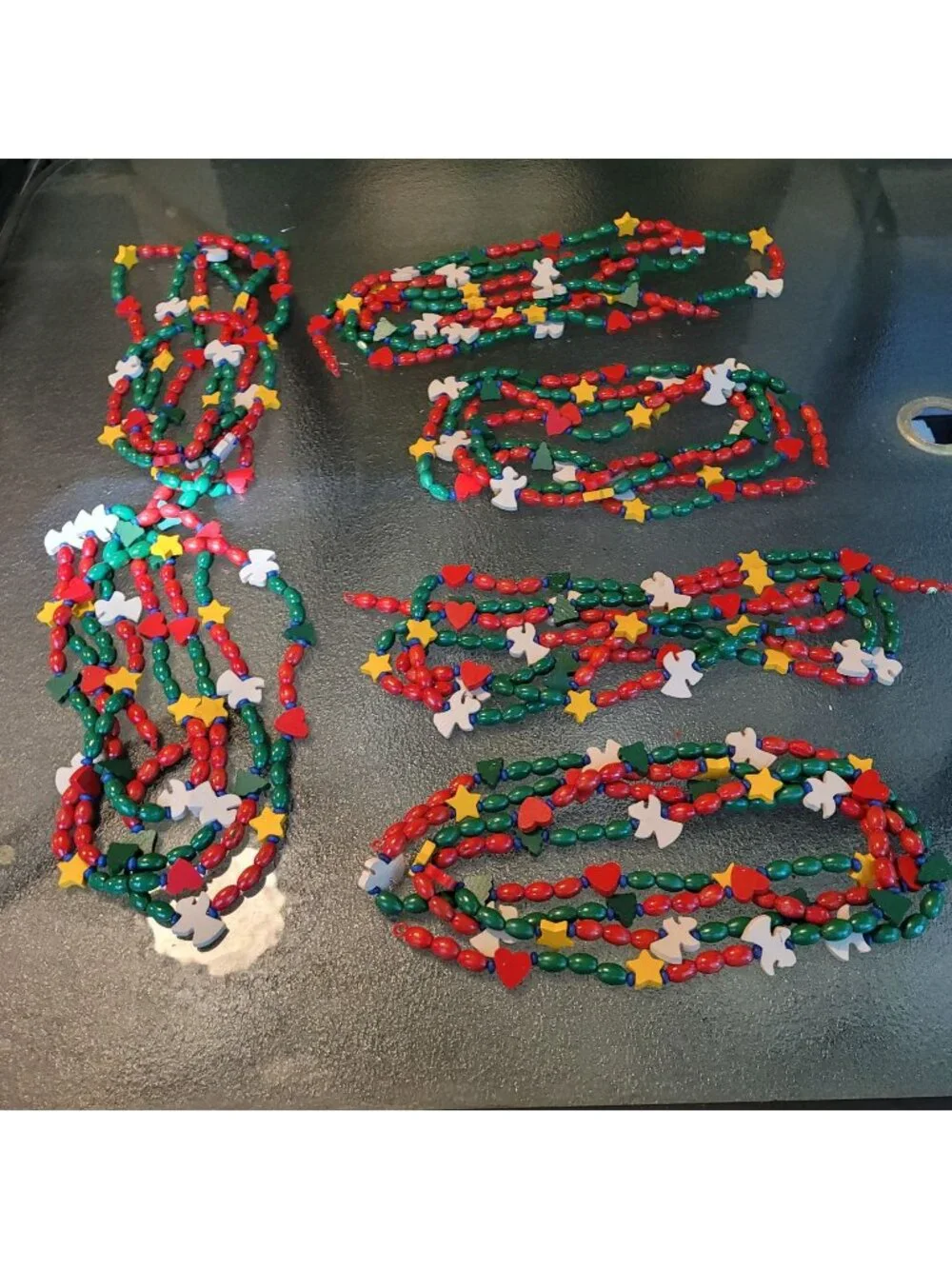 Wooden Beaded Lot 6 Christmas Garland With Angels Stars Hearts & Trees Red Green